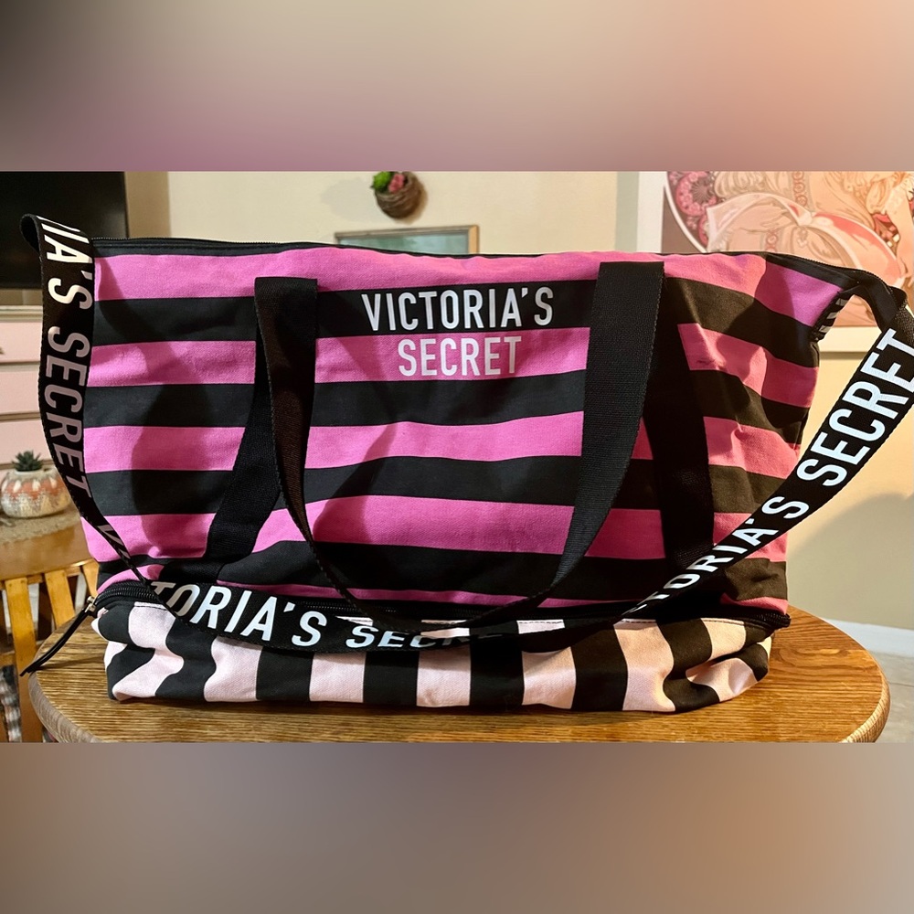 Victoria's Secret Pink and Black Striped Travel Bag